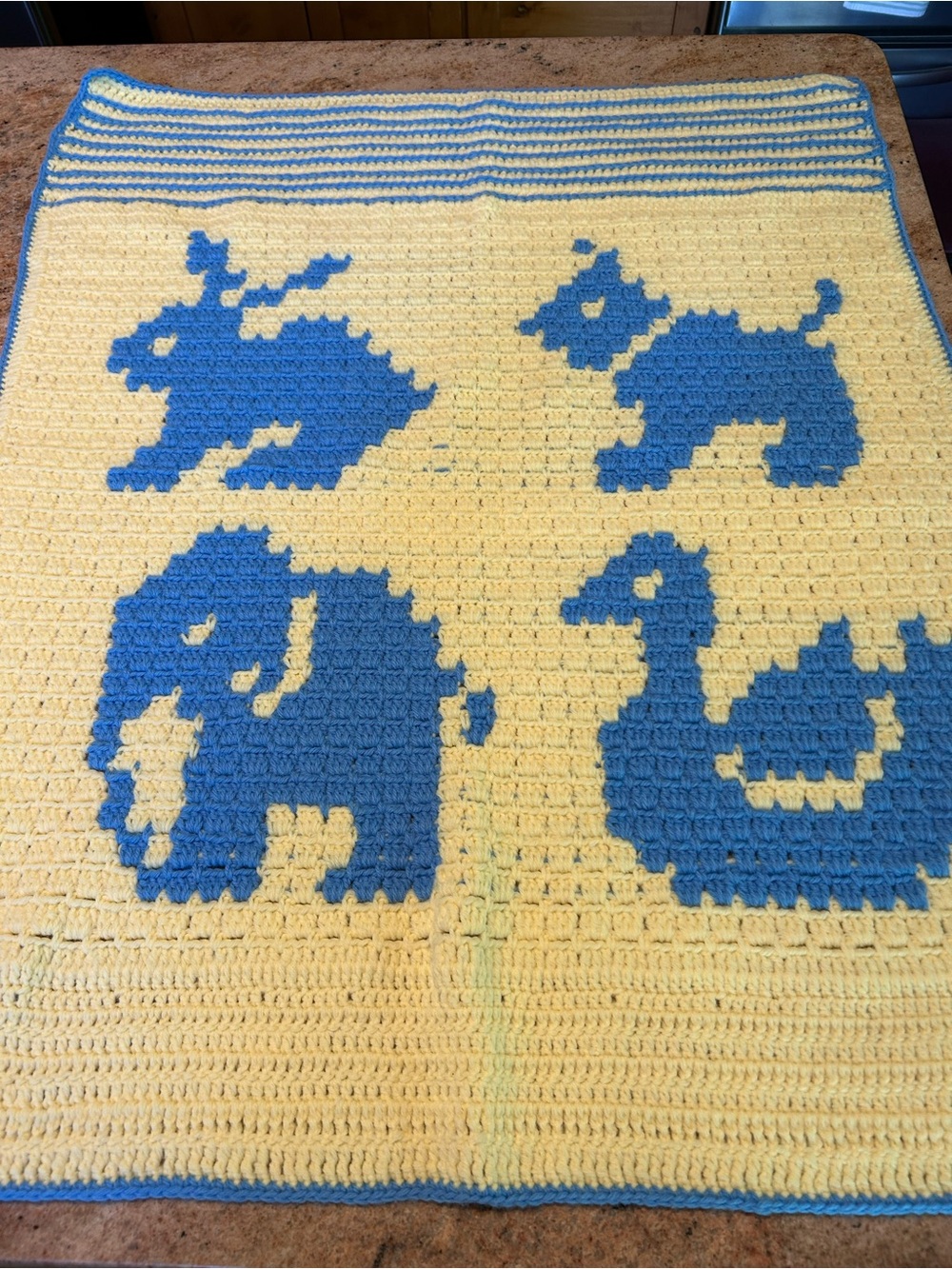 30”x36” Hand Crocheted Soft Yellow & Blue Cotton Yarn Afghan Mid Weight Unused